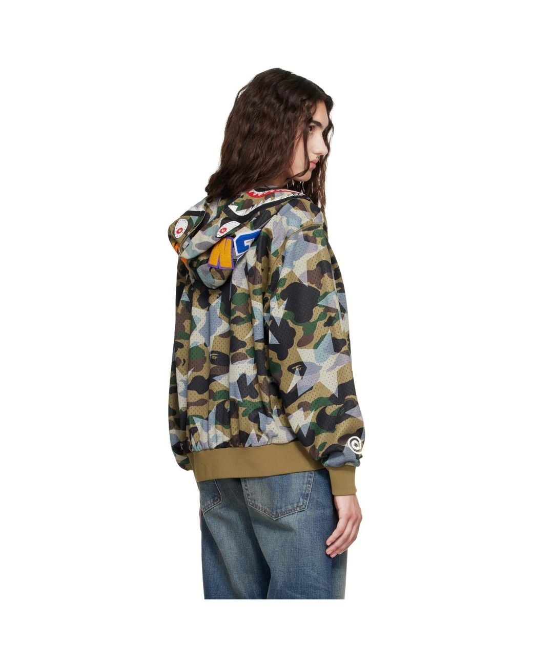 A Bathing Ape Green Camo Mesh Shark Cropped Fit Full Zip Hoodie
