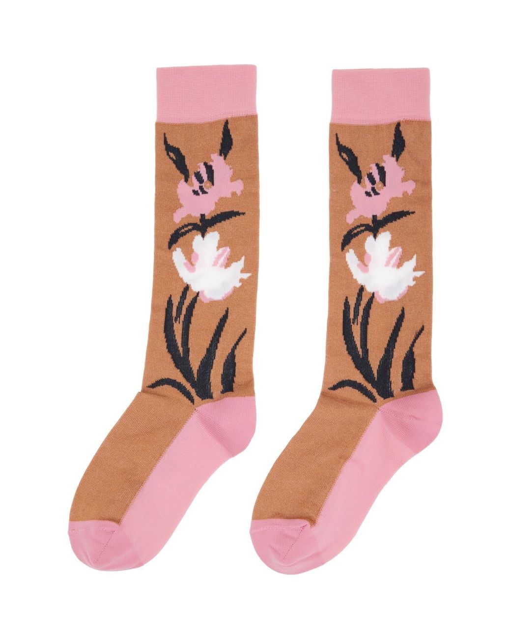Marni Pink Tan & Intarsia Flower Mid-Calf Socks