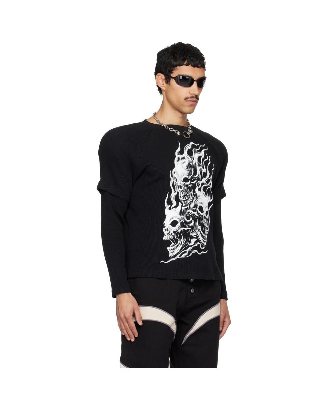 THUG CLUB Black Bulk Shoulder Three Riding Skull Layered T-Shirt for men