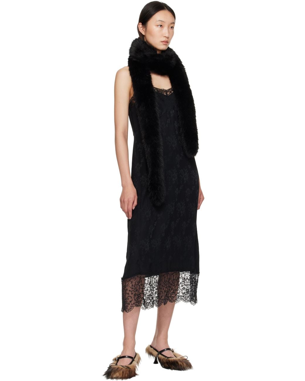 Simone Rocha Black Slim Faux Fur Scarf