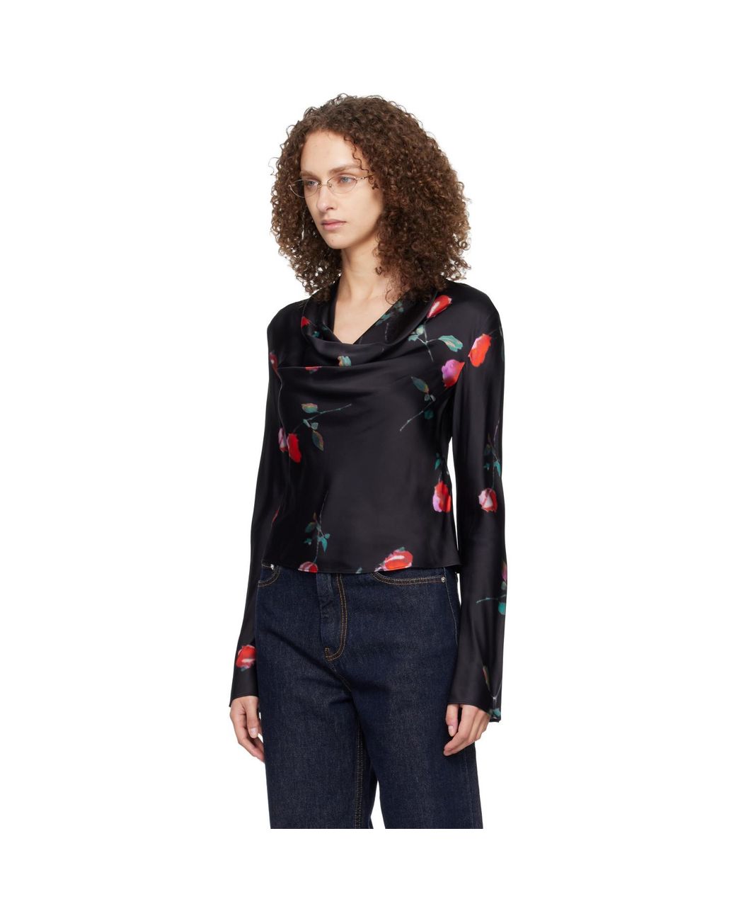 Ganni Black Printed Satin Blouse