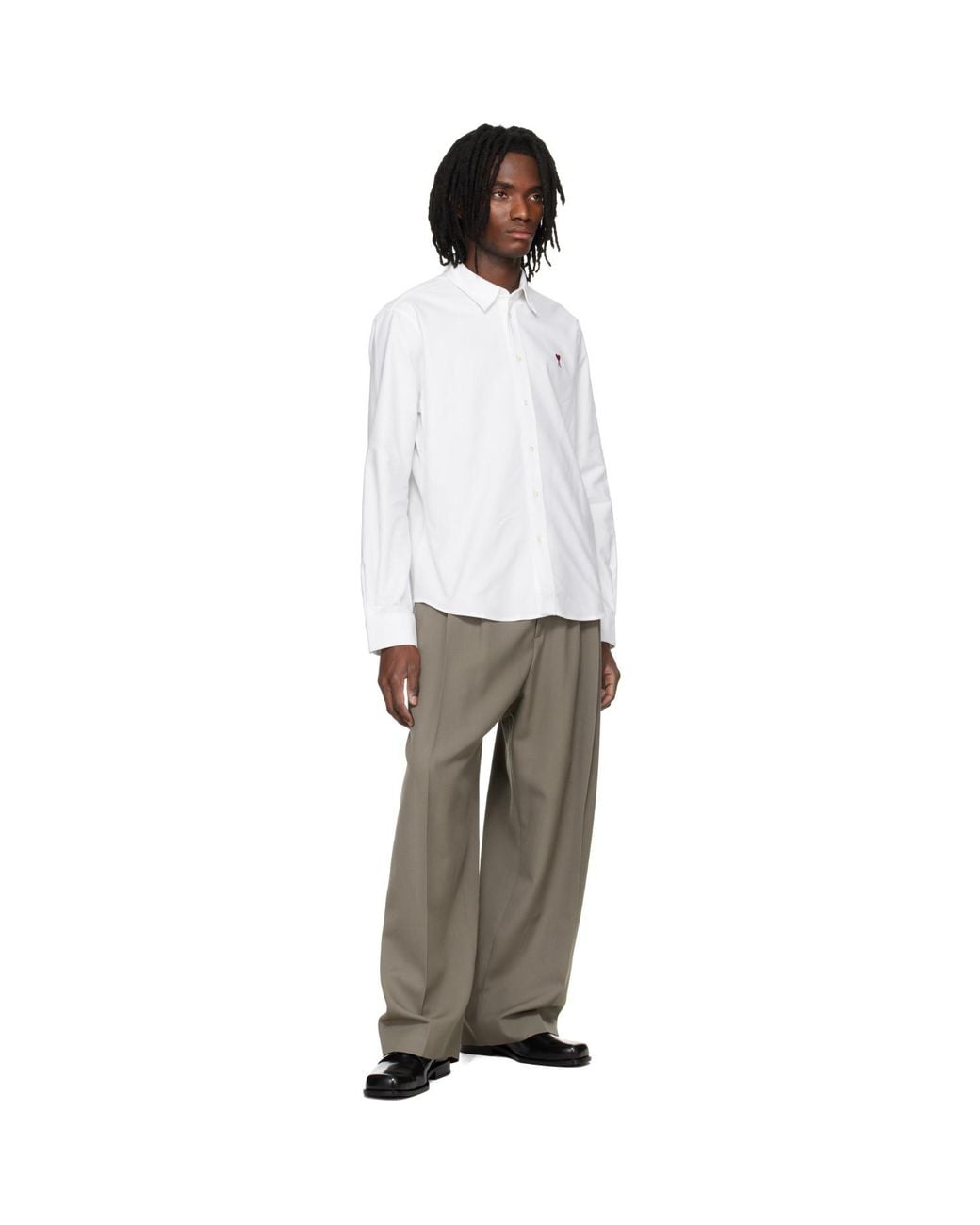 AMI White Classic Long Sleeve Button-Down Collar Embroidered Adc Shirt for men