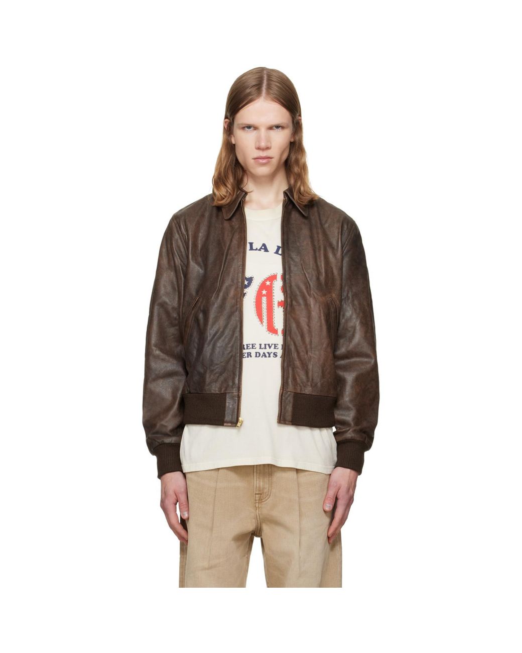 R13 Brown Leather Boyfriend Bomber Jacket for men