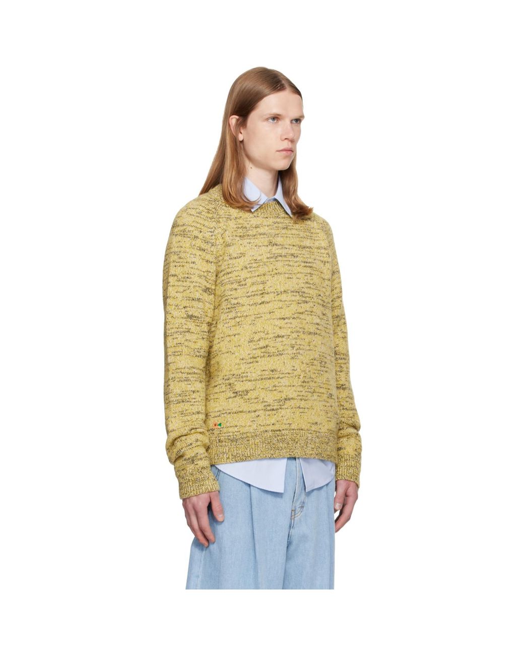 Dries Van Noten Yellow Embroidered Flowers Wool Sweater for men