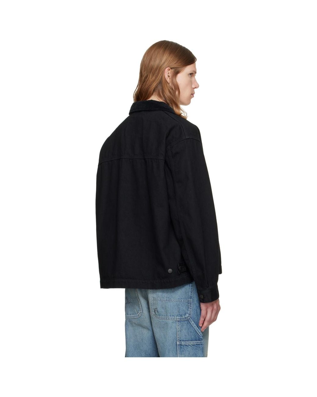 vowels Black Cord Collared Zip-Up Denim Jacket for men