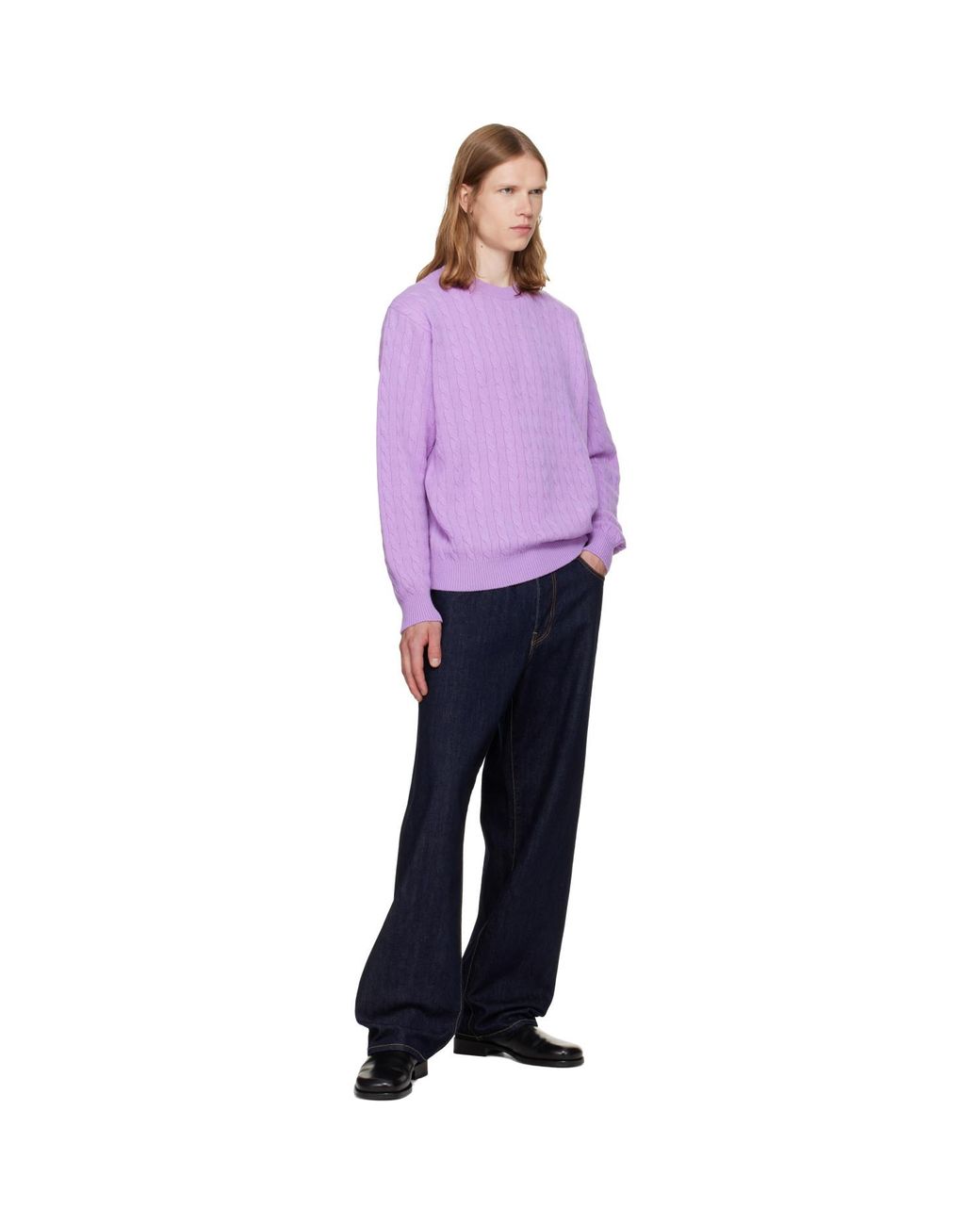 vowels Purple Cable Knit Crewneck Sweater for men