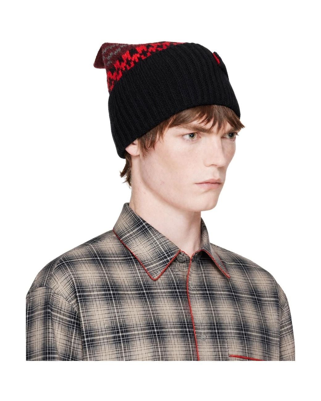 Marni Black Burgundy & Wool Geometric Motif Beanie for men
