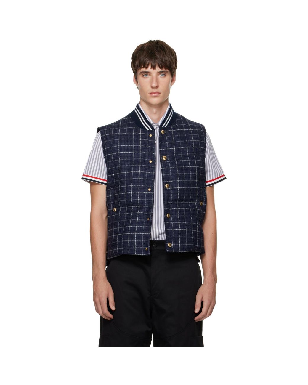 Thom Browne Blue Down Snap-Front Windowpane Tweed Vest for men