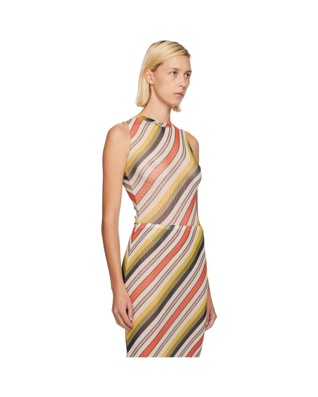 Jean Paul Gaultier Pink Mesh Tank Top Printed Retro Stripe Bodysuit