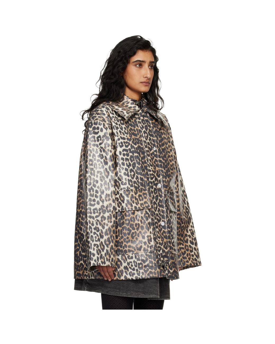 Ganni Black Leopard Laminated Cotton Jacket
