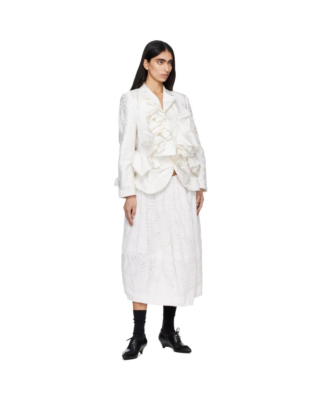 Comme des Garçons White Gros Grain Lace Pattern Garment Treated Blazer