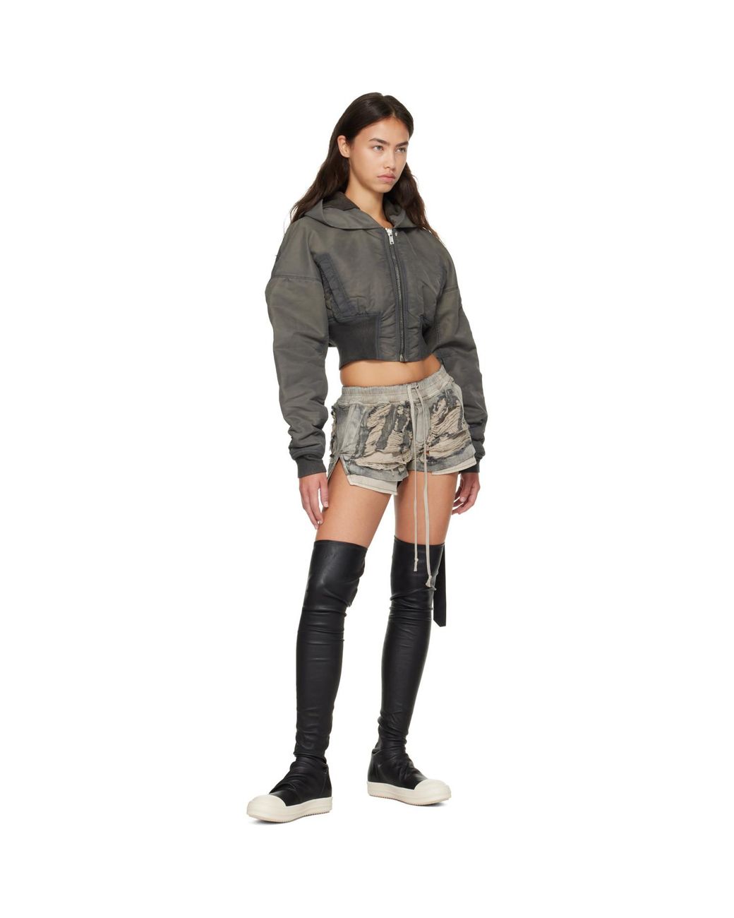Rick Owens Gray Tower Hooded Cropped Flight Jacket