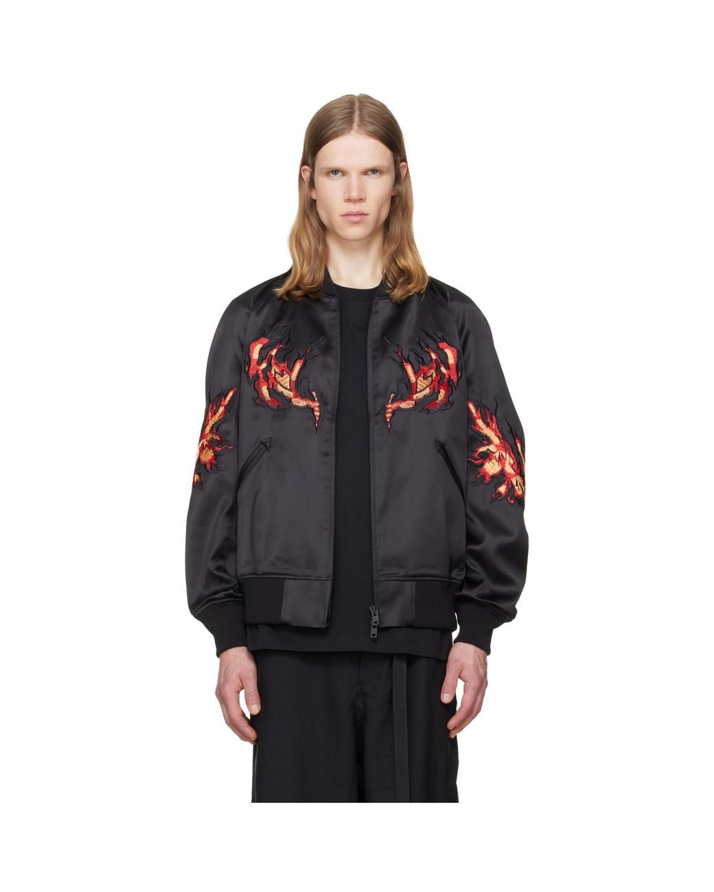 Y-3 Black Embroidered Graphic Satin Souvenir Jacket for men