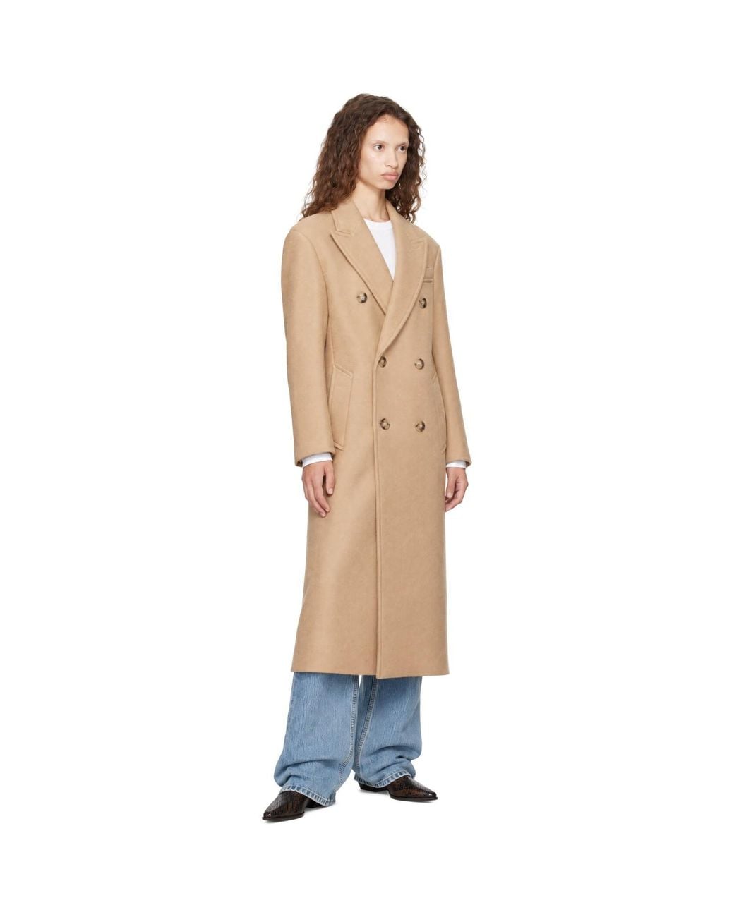 AMI Natural Long Double-Breasted Wool Coat