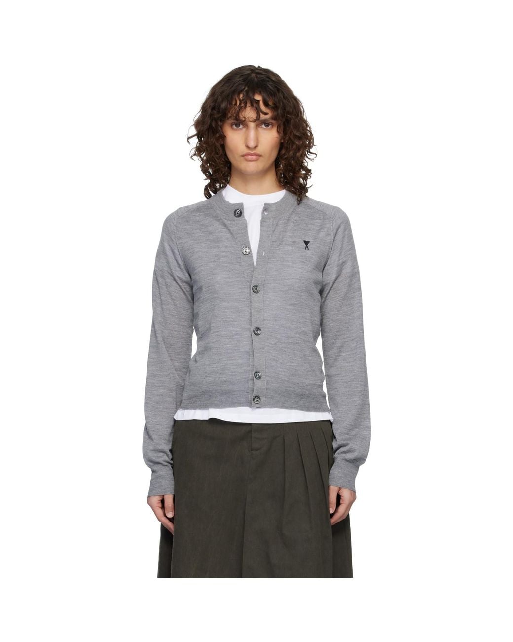 AMI Gray Wool Crewneck Ami De Coeur Cardigan