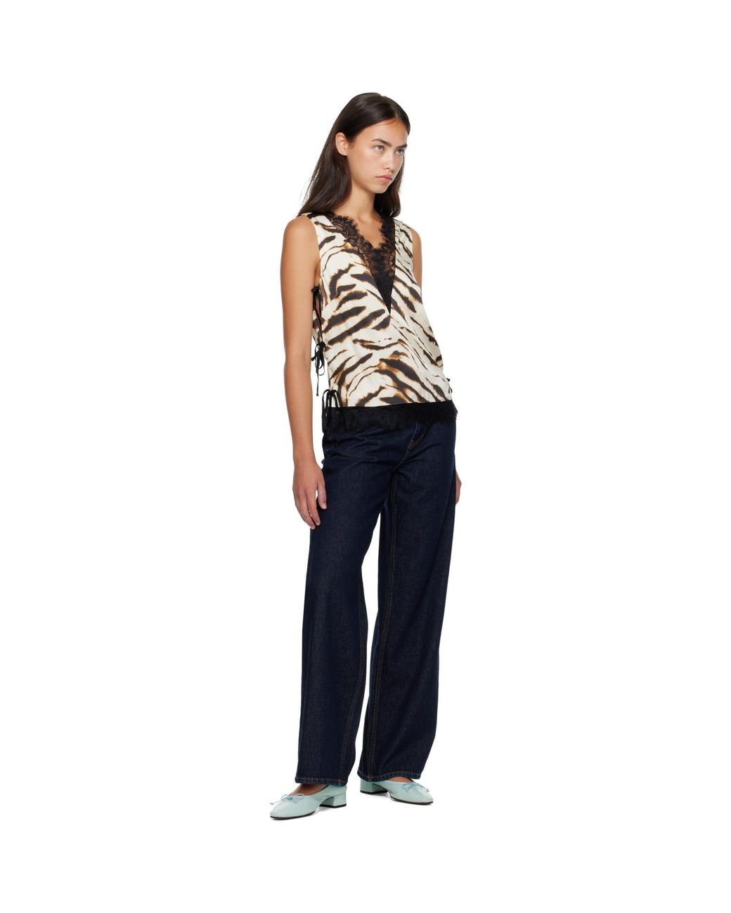 Ganni White Off- & Printed Satin Top