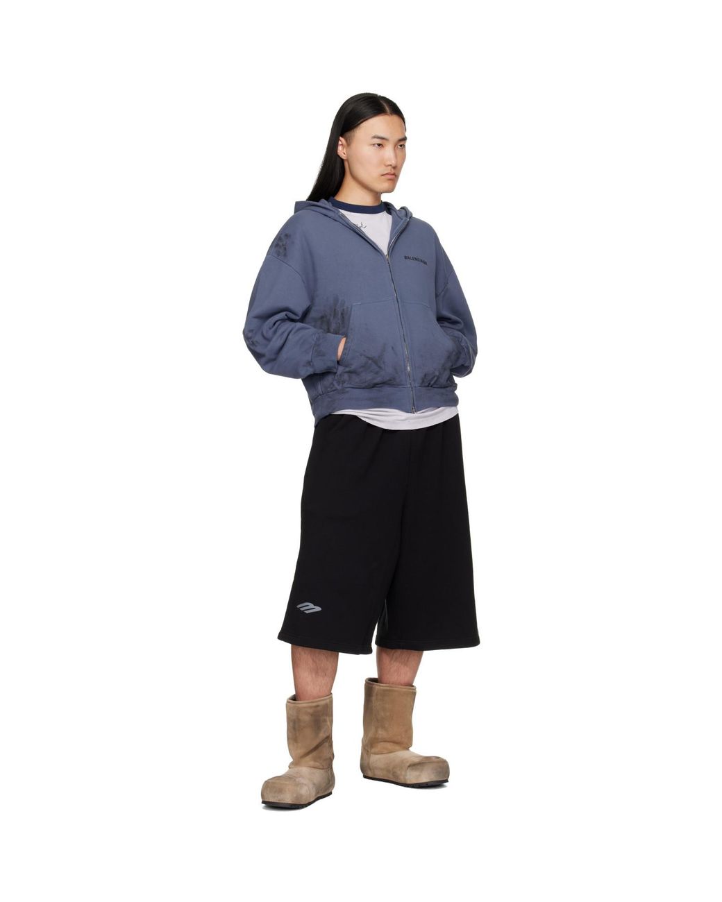 Balenciaga Blue Stained Zip-Up Hoodie for men