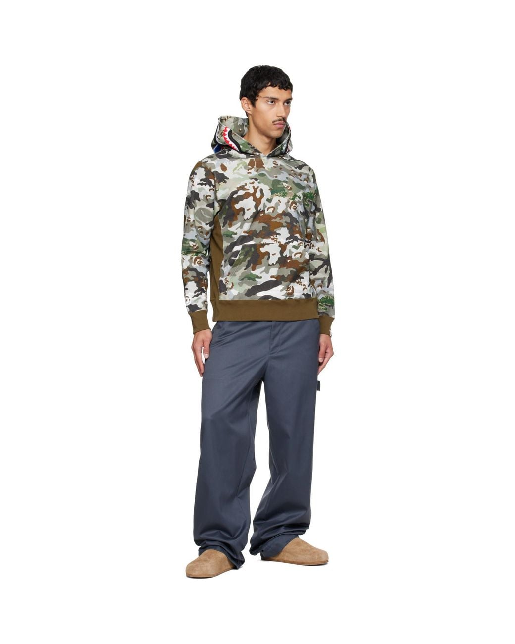 A Bathing Ape Gray Khaki Hybrid Camo Shark Pullover Hoodie for men