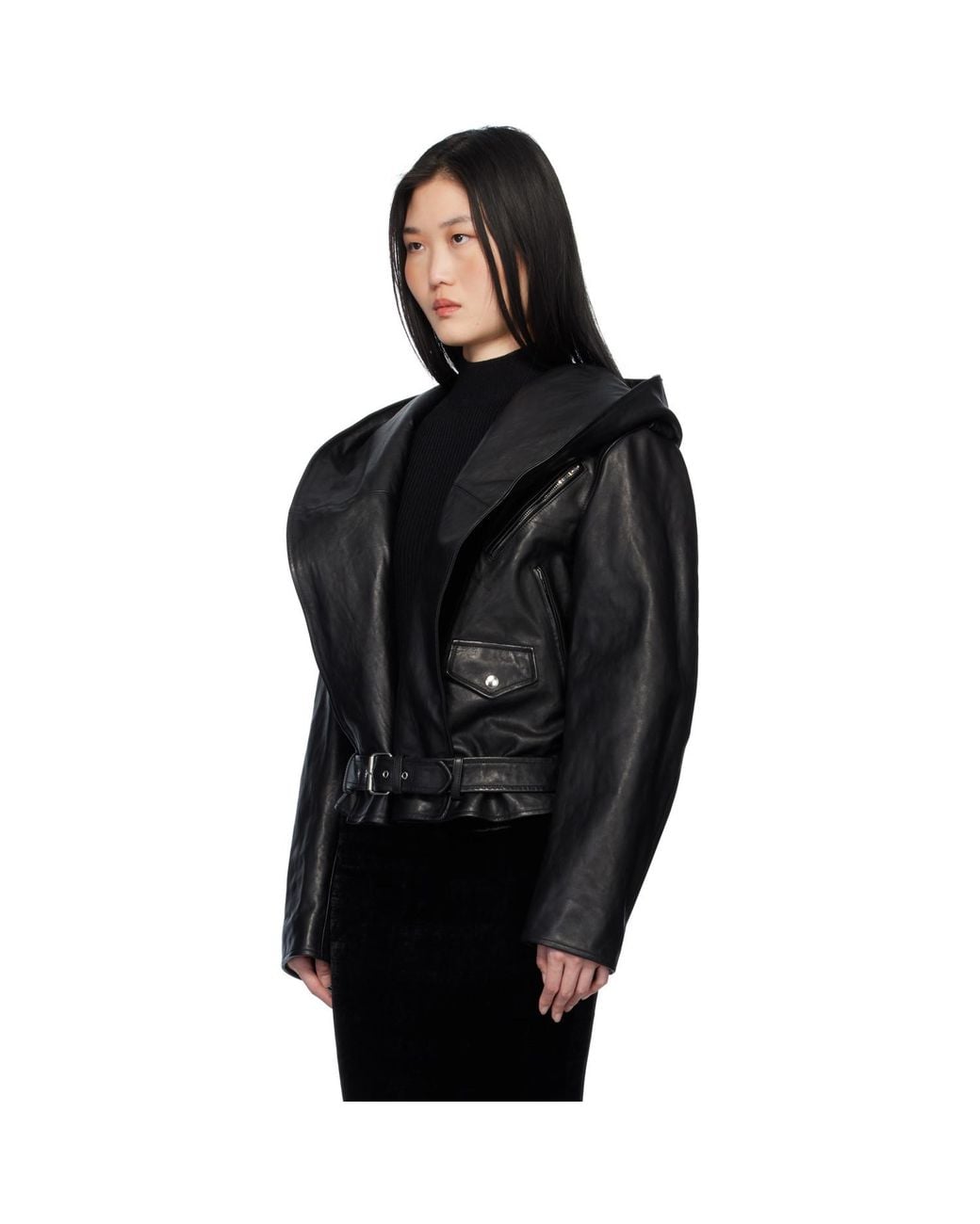 Alaïa Black Hooded Biker Leather Jacket
