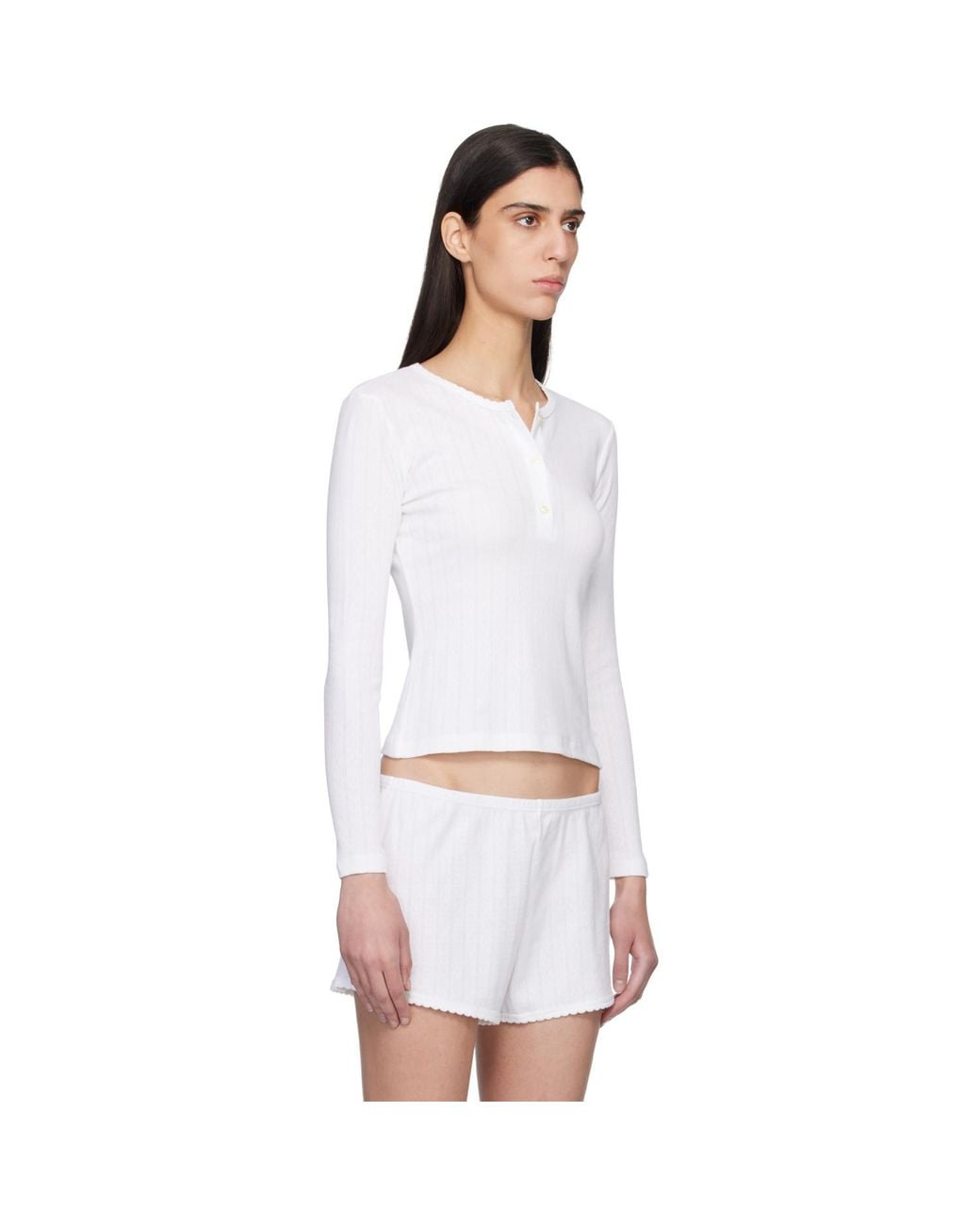 Leset White Pointelle Long Sleeve Henley