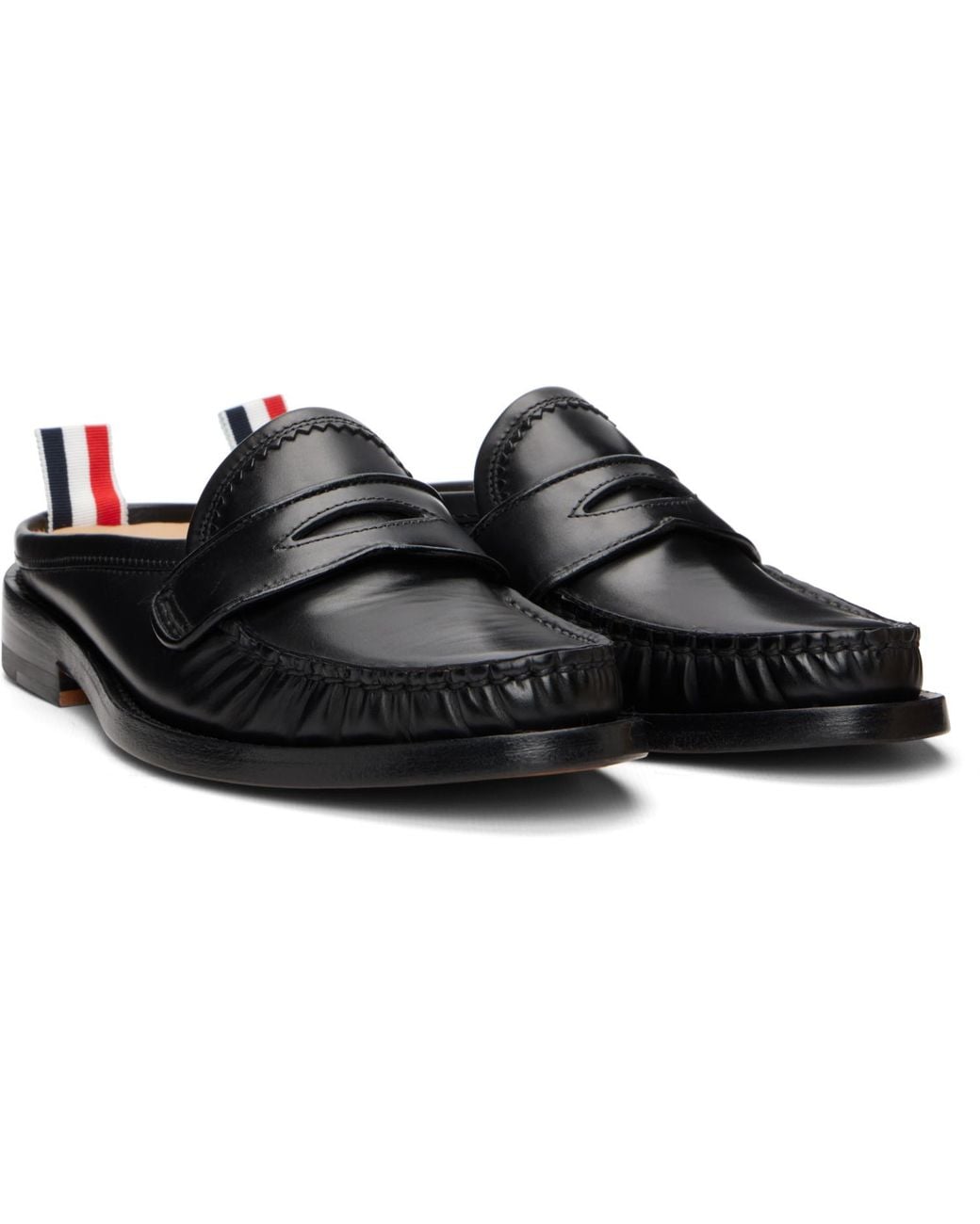Thom Browne Black Calf Flexible Leather Mule Penny Loafers