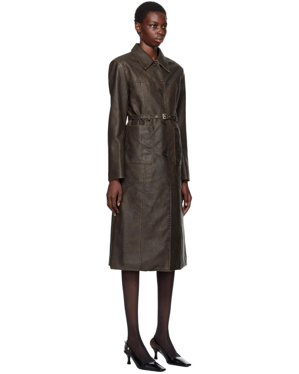 Kijun Black Stitched Faux-Leather Coat