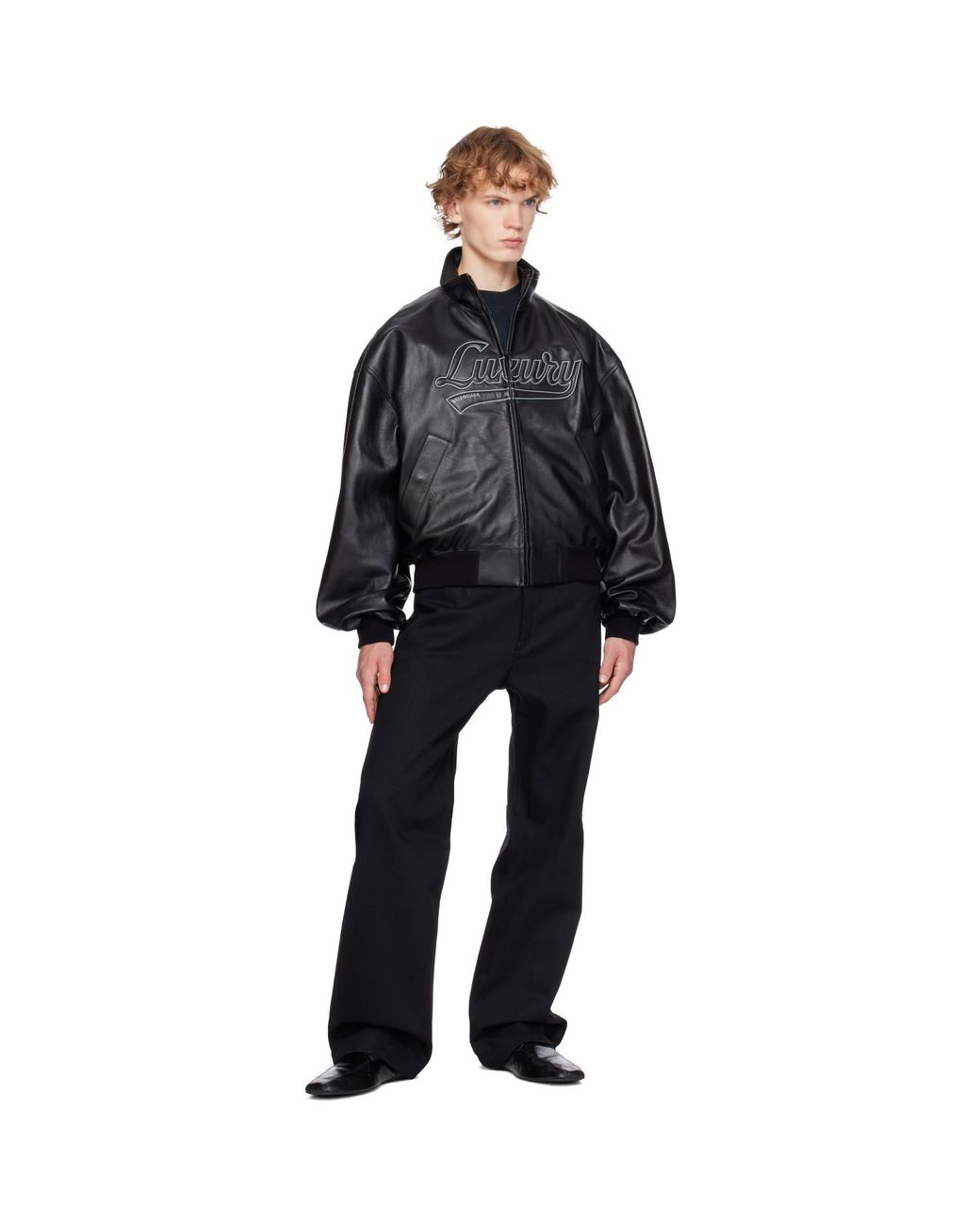 Balenciaga Black Smooth Semi Grainy Leather Bomber Jacket for men