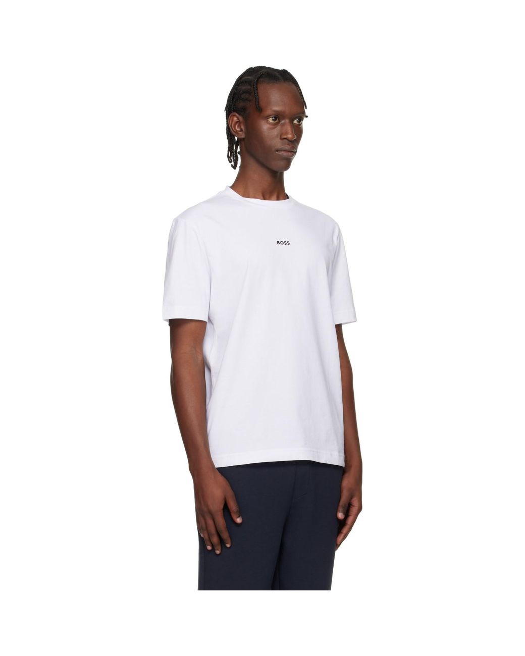 Boss White Contrast Logo Stretch-Cotton T-Shirt for men