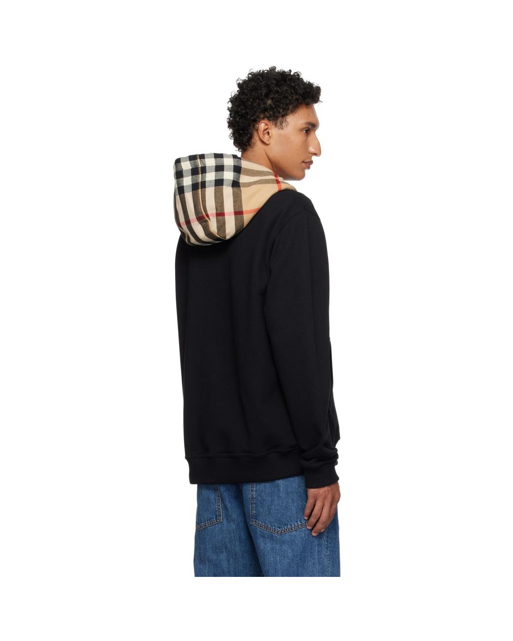 Burberry Black Check Hood Cotton Zip Hoodie for men