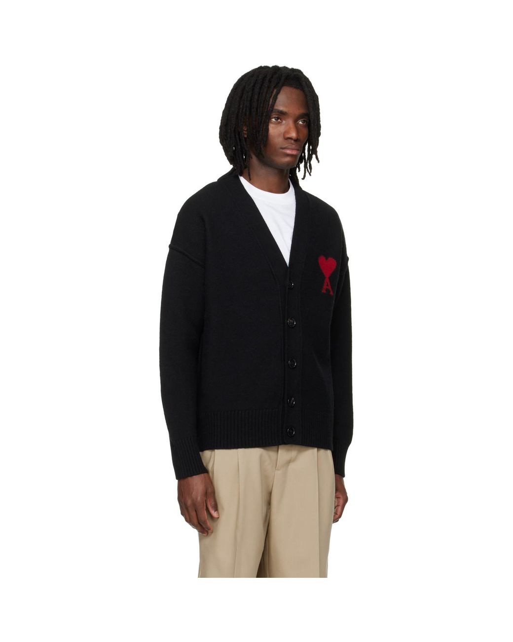 AMI Black Wool Contrasted Ami De Coeur Cardigan for men