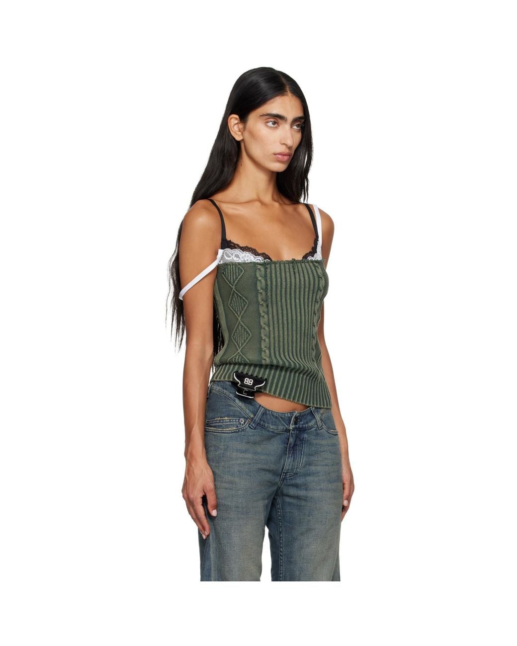 Balenciaga Green Patched Cotton Hybrid Cable Knit Tank Top