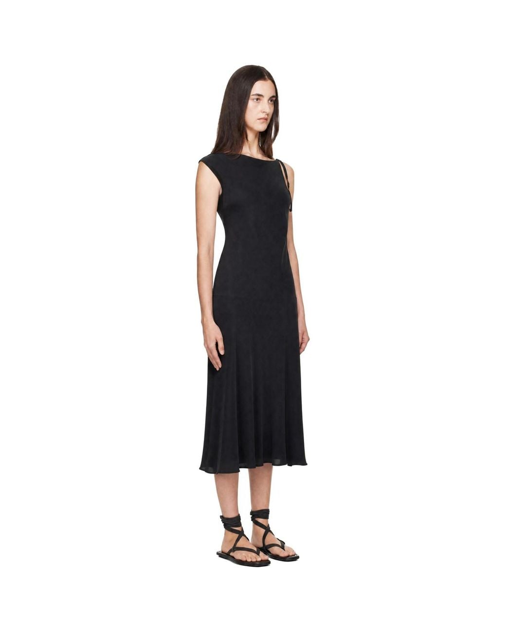 St. Agni Black Silk Drape Back Midi Dress