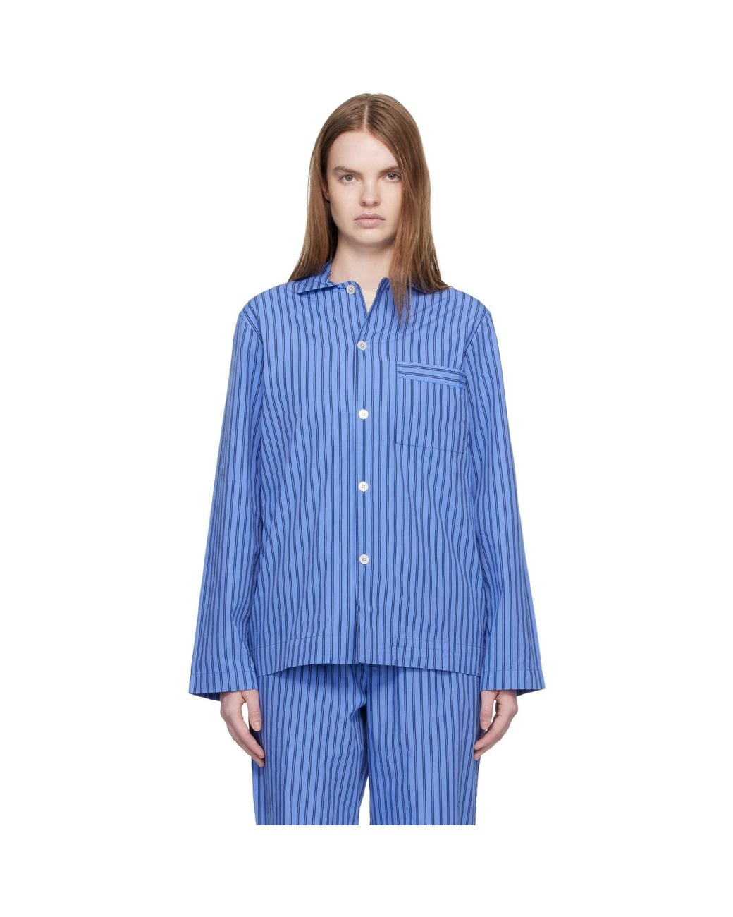 Tekla Blue Poplin Long-Sleeved Pyjama Shirt