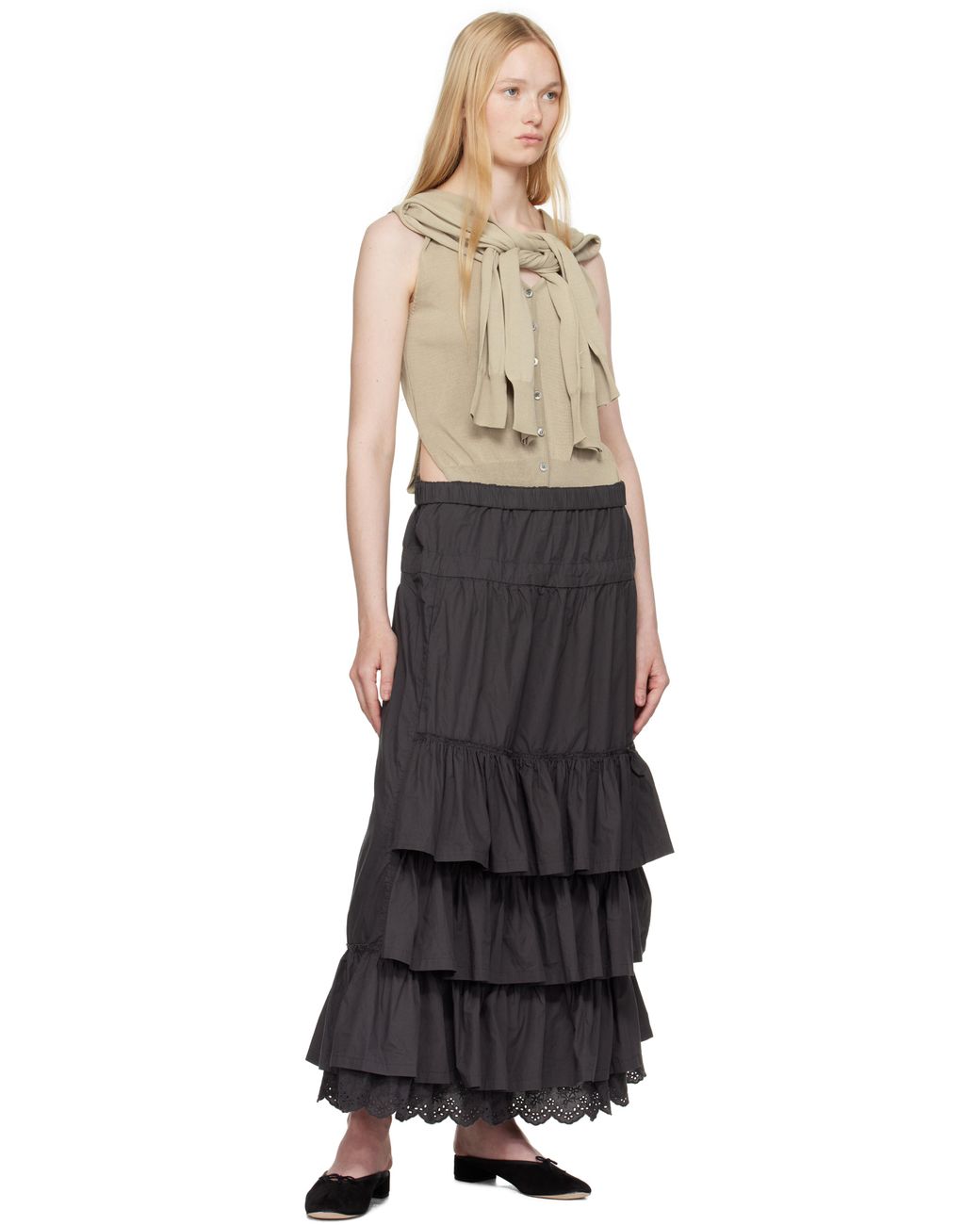 ★OPEN YY★ ROLLED WAIST TIERED SKIRT open-yy-Charcoal-Rolled-Waist-