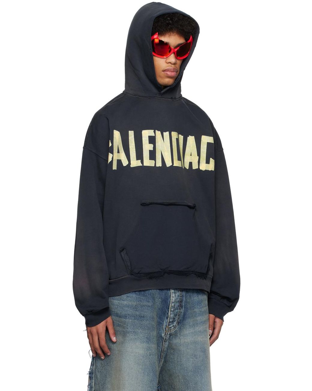 Balenciaga Tape Type Ripped Pocket Hoodie Oversized - Black - Unisex - 2 - Cotton