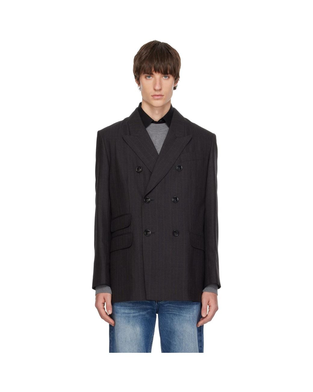 AMI Black Double-Breasted Striped Wool Blazer for men