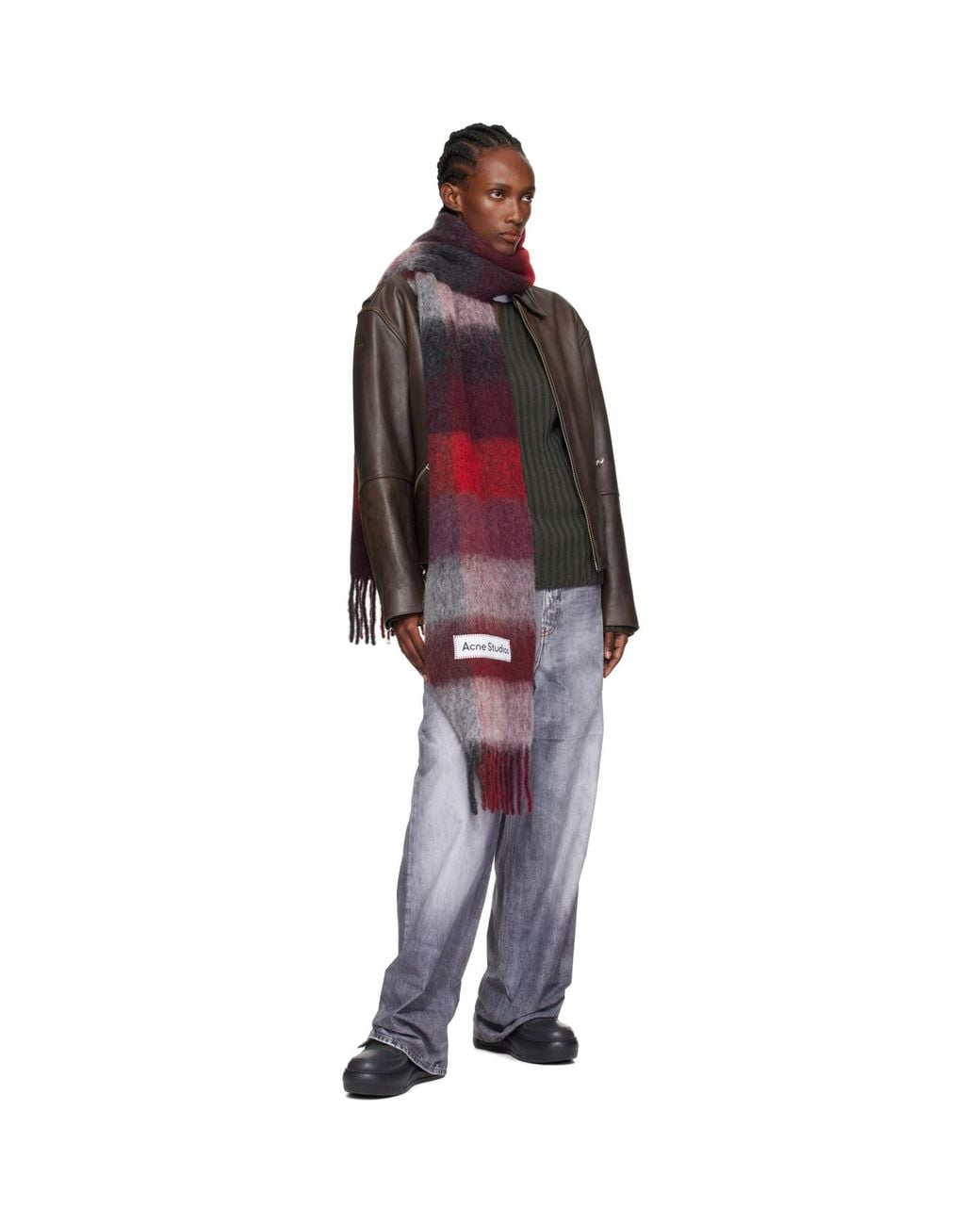 Acne Red Check Fringe Scarf