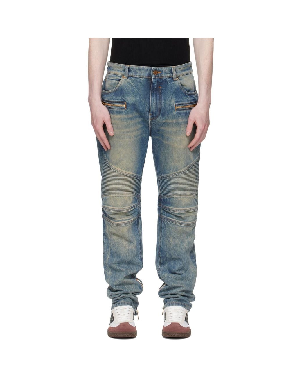 Balmain Blue Vintage Denim Biker Jeans for men