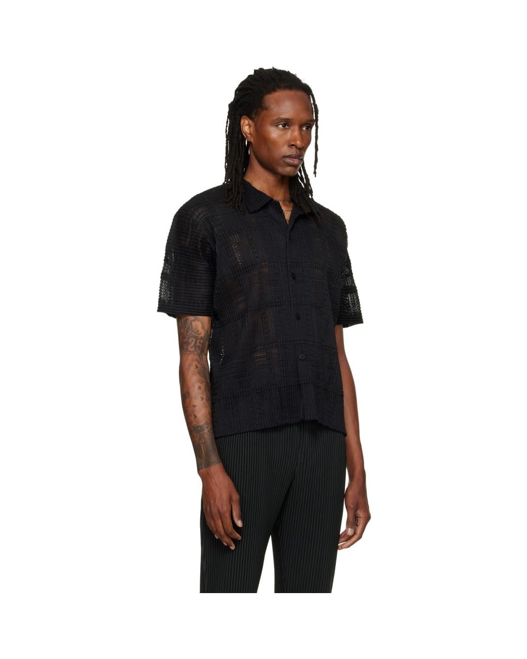 Homme Plissé Issey Miyake Black Lace Grid Pleats Shirt for men