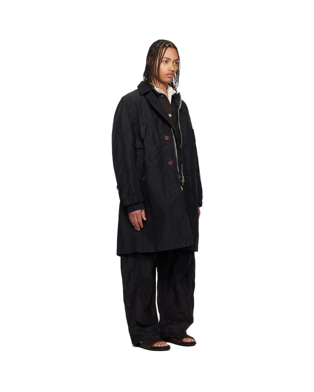 Sacai Black Treated Nylon Twill Coat for men