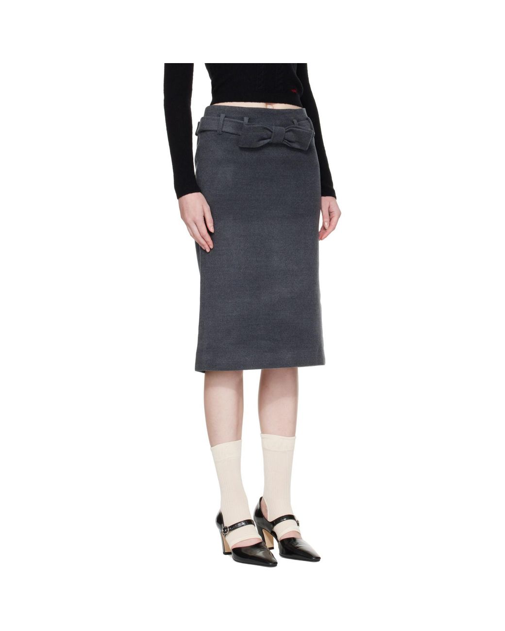 ShuShu/Tong Black Bow Trimmed Straight Midi Skirt