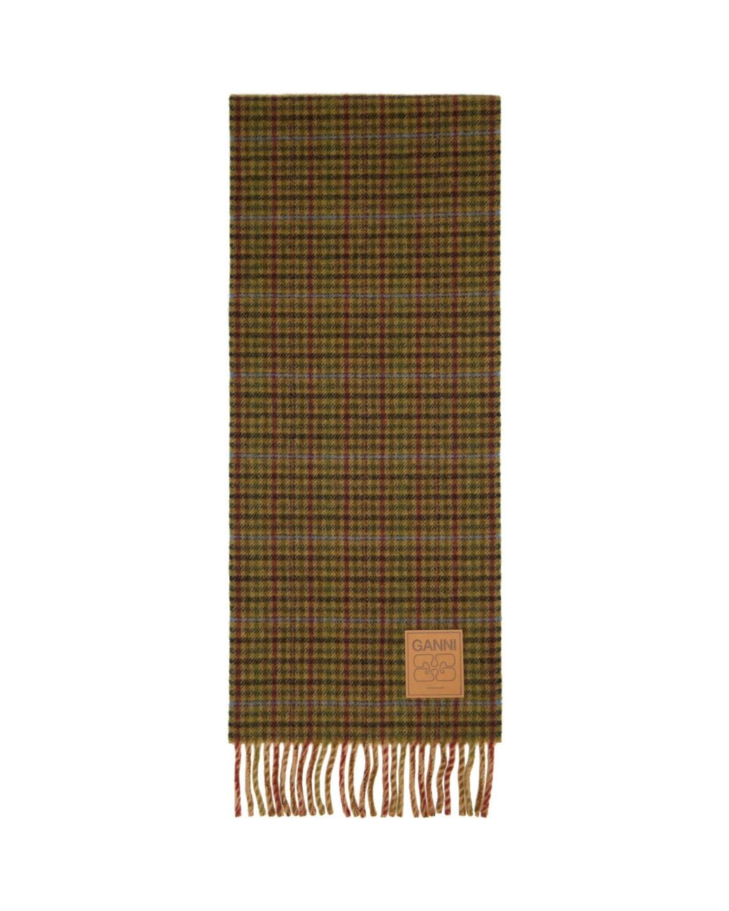 Ganni Green Mini Check Wool Scarf