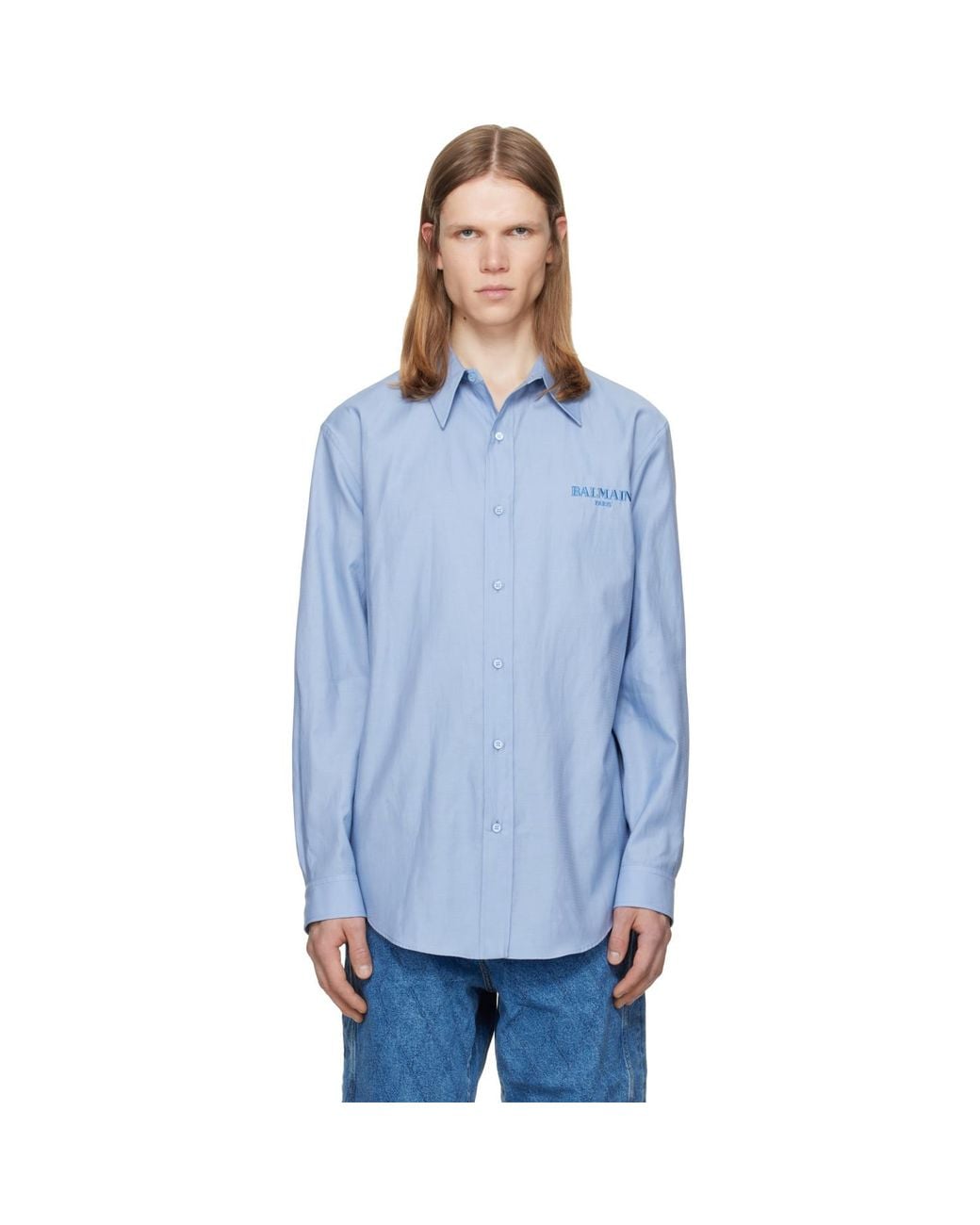 Balmain Blue Herringbone Poplin Regular Shirt for men