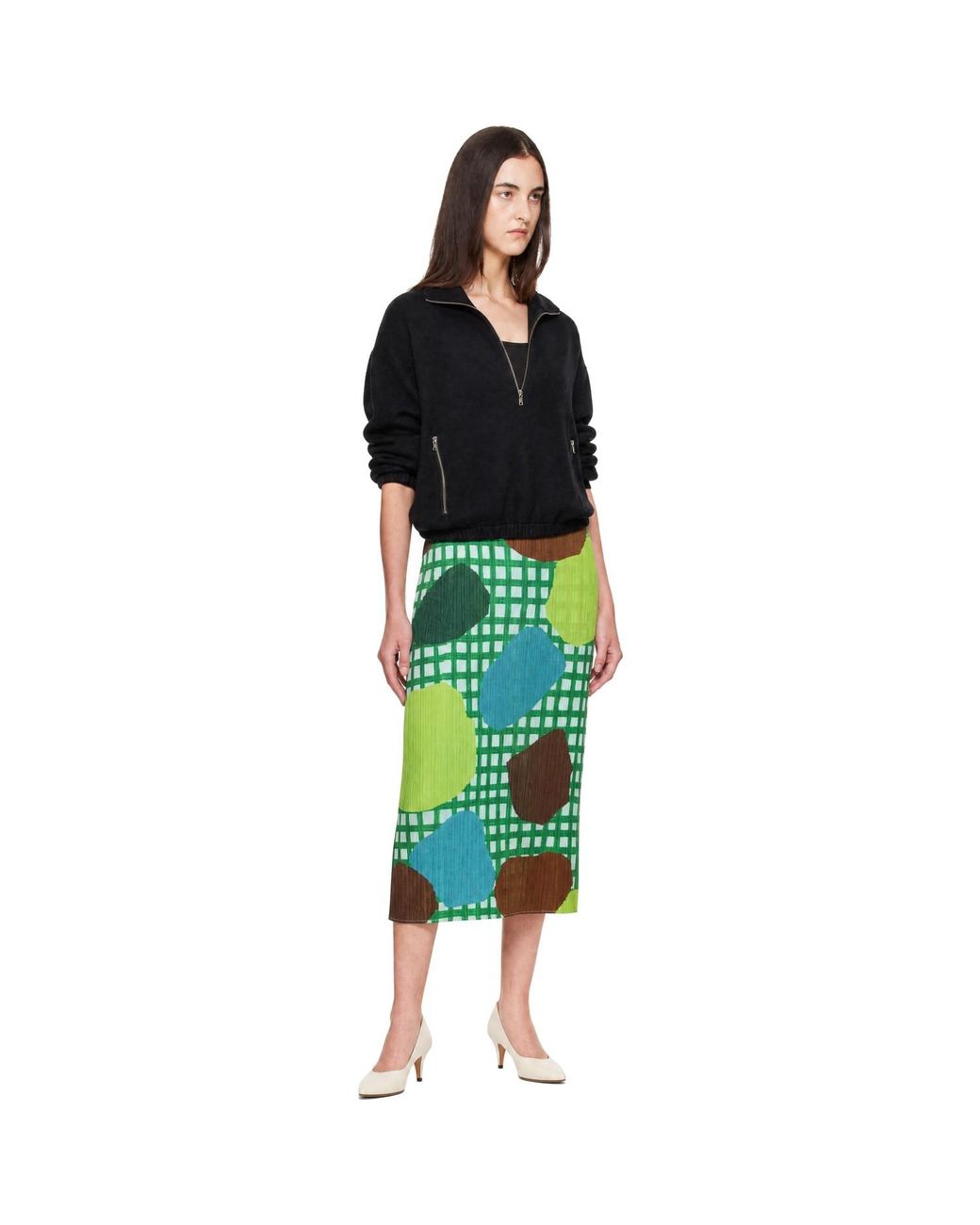 Pleats Please Issey Miyake Green Market Midi Skirt