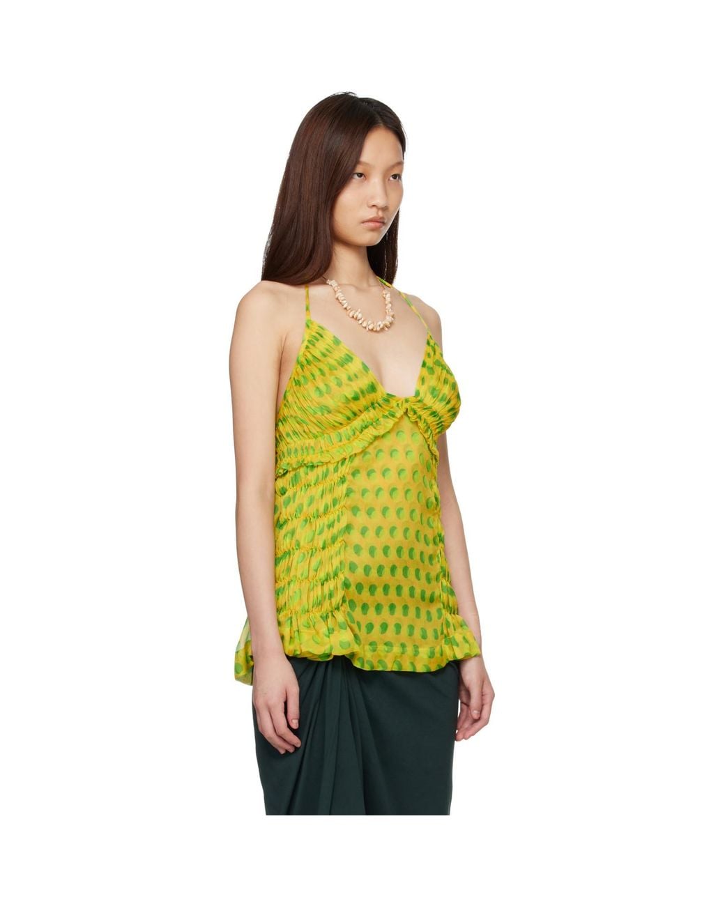 Dries Van Noten Yellow Optical Polka Dot Silk Halter Top