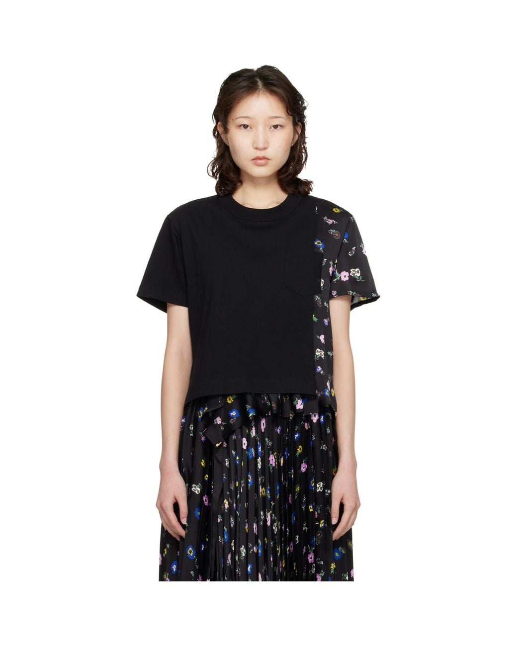 Sacai Black Floral Print T-Shirt