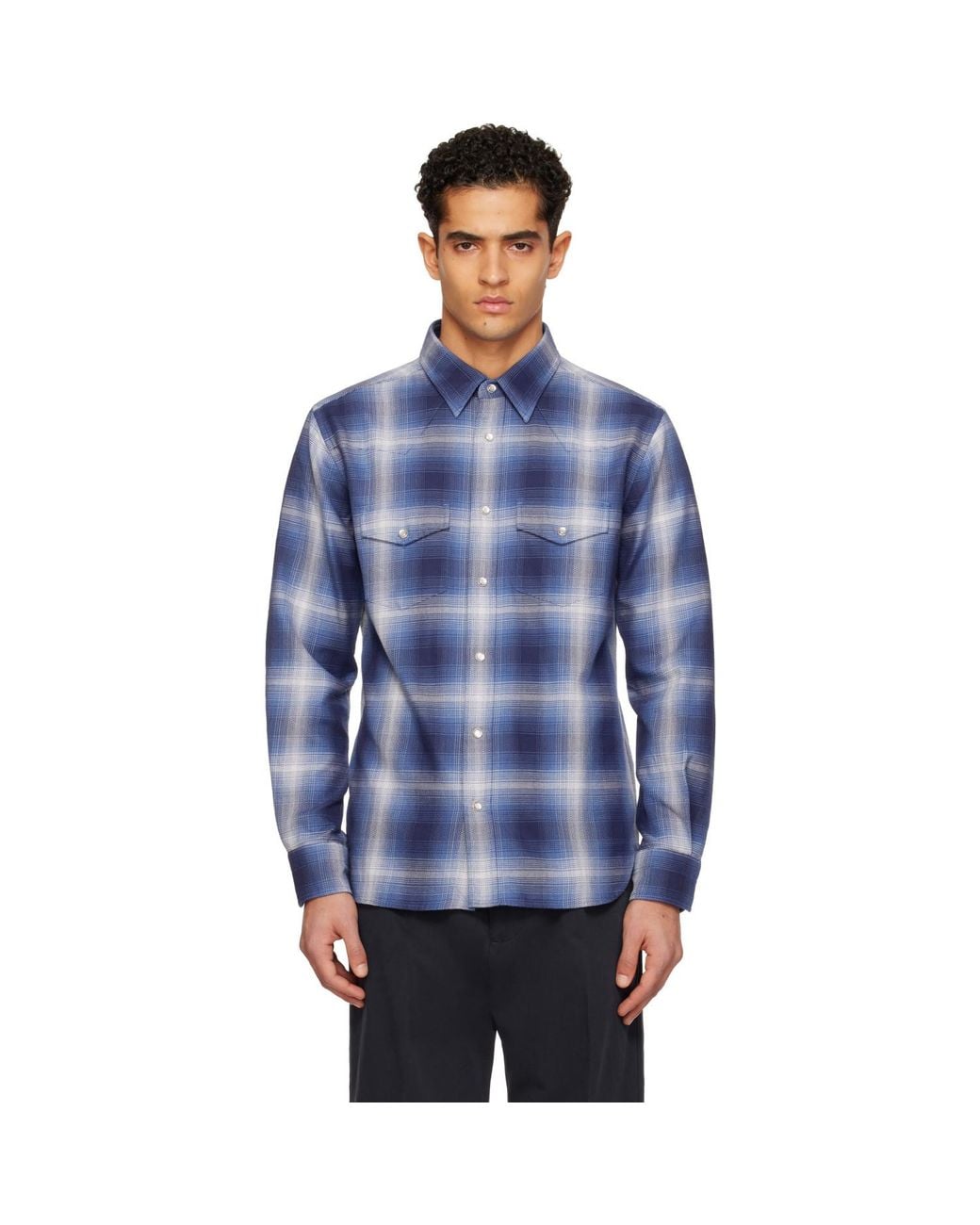 Tom Ford Blue Grand Degrade Check Western Shirt for men