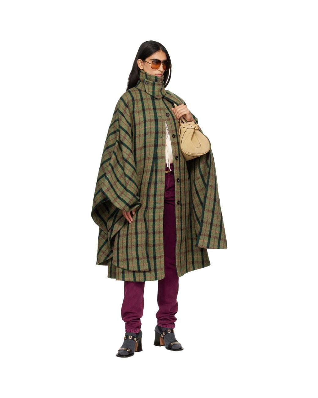 Chloé Green Khaki Layered Long Cape Coat