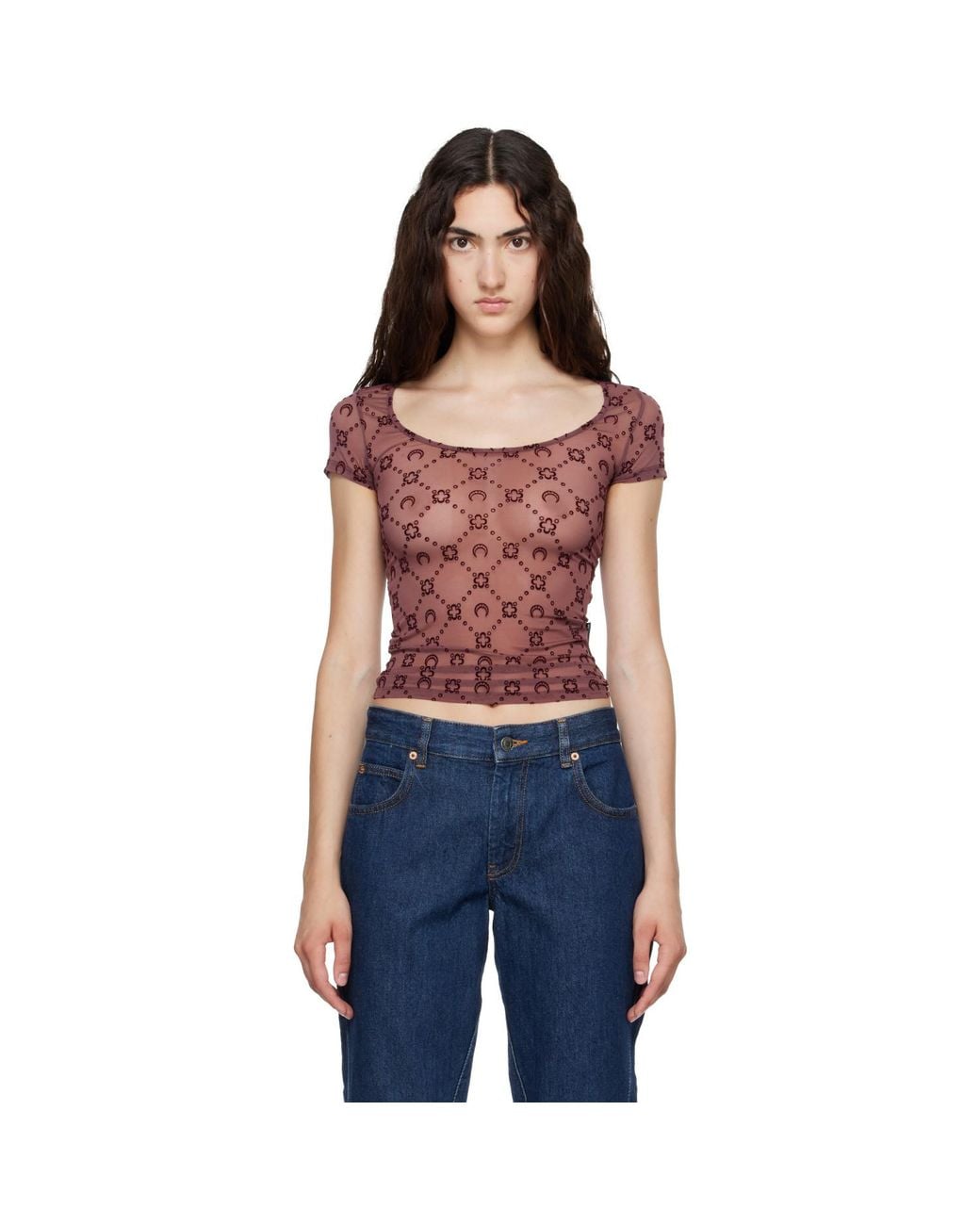 MARINE SERRE Red Burgundy Moonogram Mesh Flock T-Shirt
