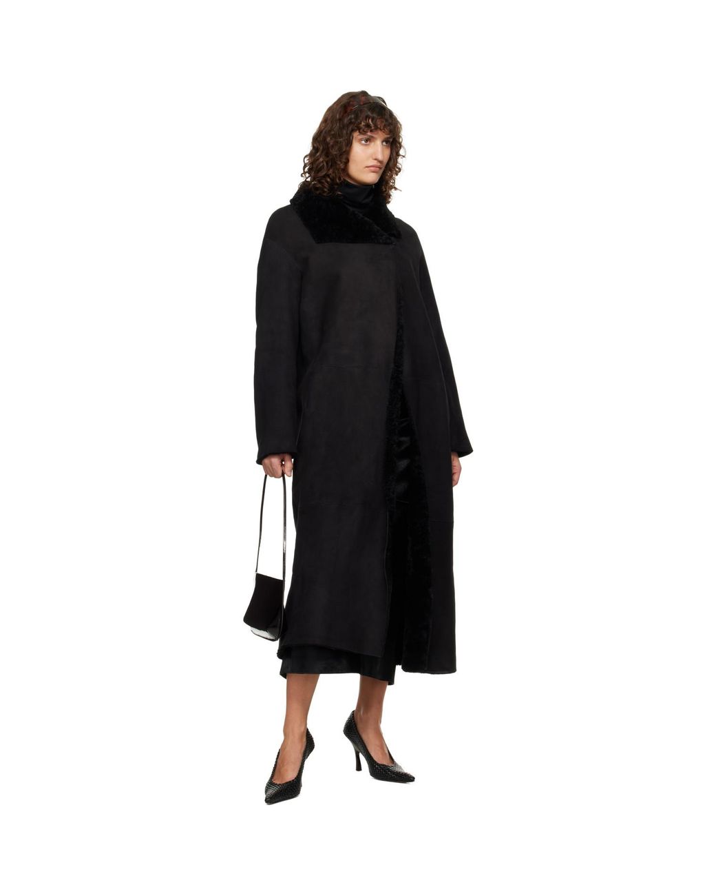 Nour Hammour Black Draped Shearling Birthday Coat